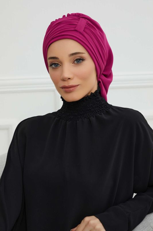 Pileli Tasarım Şifon Hazır Türban,HT-107,HT-107 Fuşya - 1