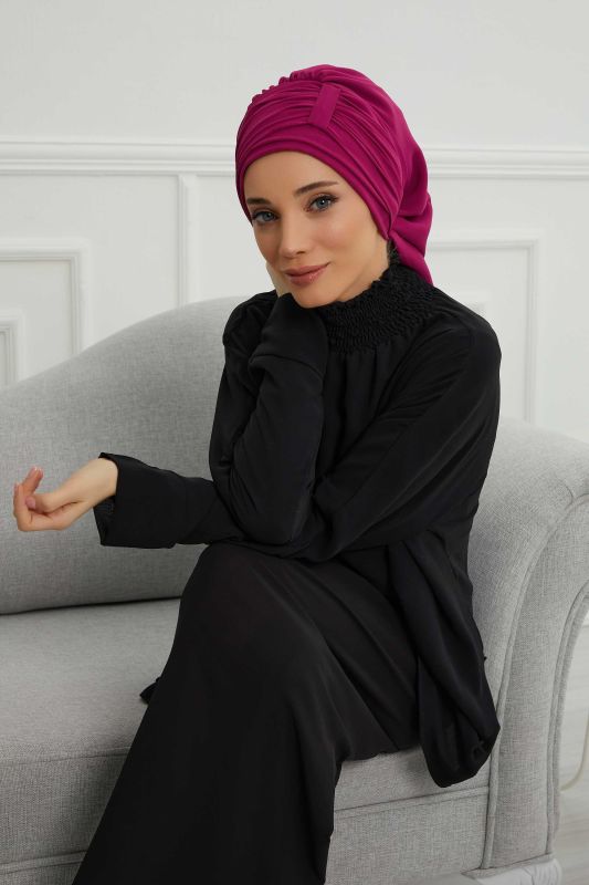 Pileli Tasarım Şifon Hazır Türban,HT-107,HT-107 Fuşya - 2