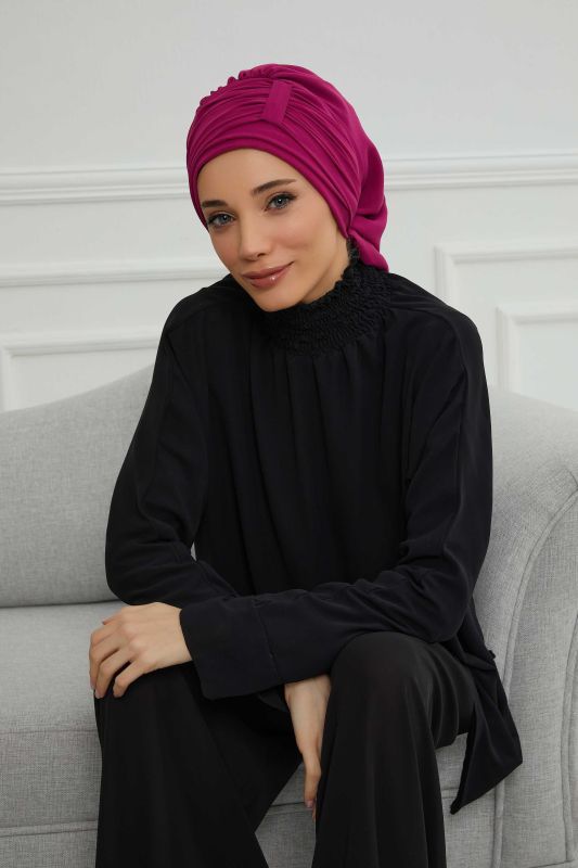 Pileli Tasarım Şifon Hazır Türban,HT-107,HT-107 Fuşya - 3