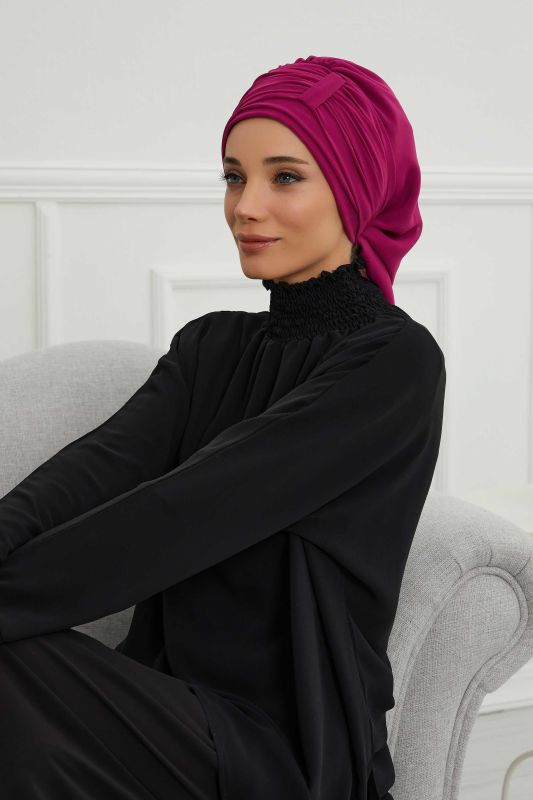 Pileli Tasarım Şifon Hazır Türban,HT-107,HT-107 Fuşya - 4