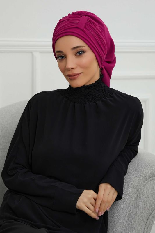 Pileli Tasarım Şifon Hazır Türban,HT-107,HT-107 Fuşya - 6
