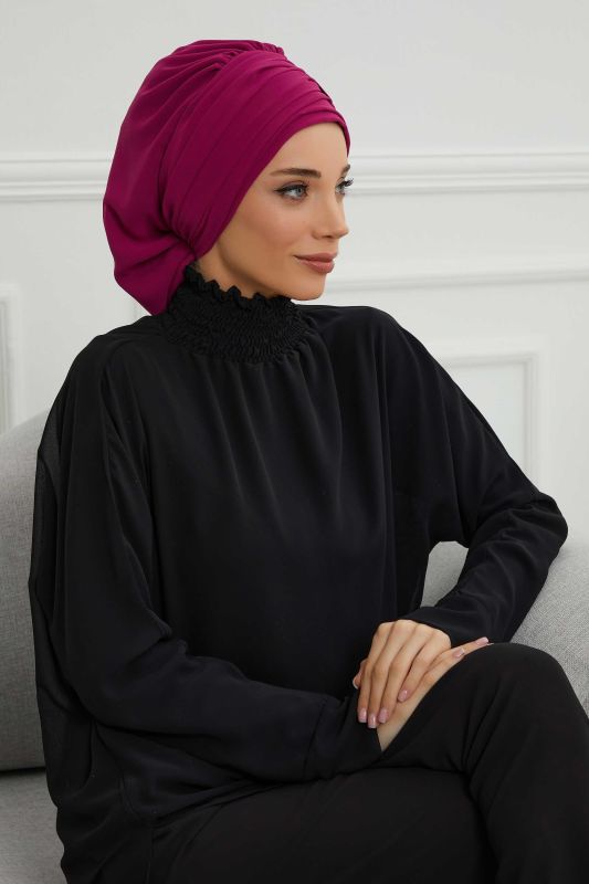 Pileli Tasarım Şifon Hazır Türban,HT-107,HT-107 Fuşya - 7