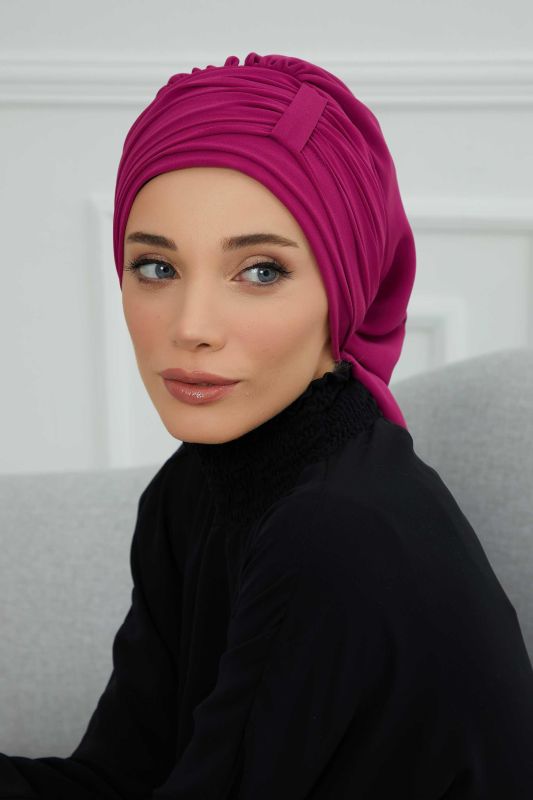 Pileli Tasarım Şifon Hazır Türban,HT-107,HT-107 Fuşya - 8