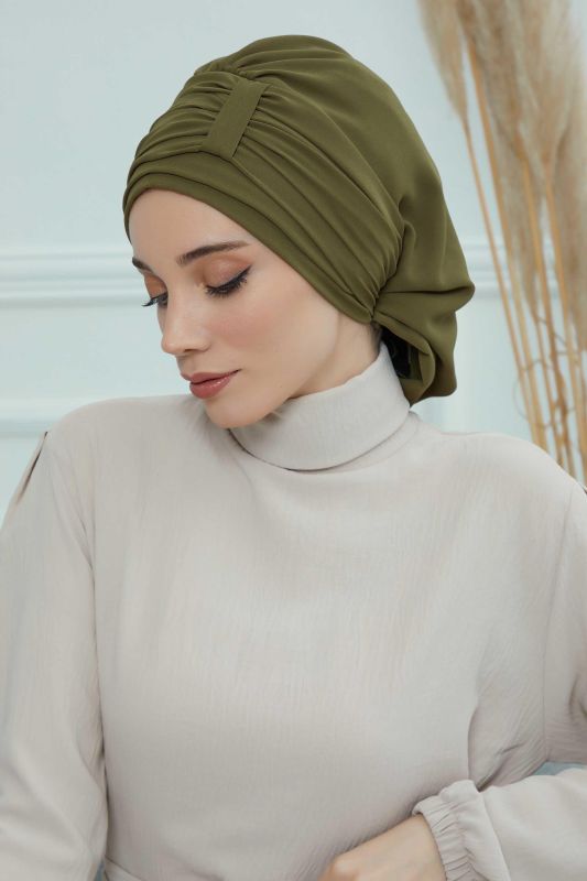 Pileli Tasarım Şifon Hazır Türban,HT-107,HT-107 Haki Yeşili - 3