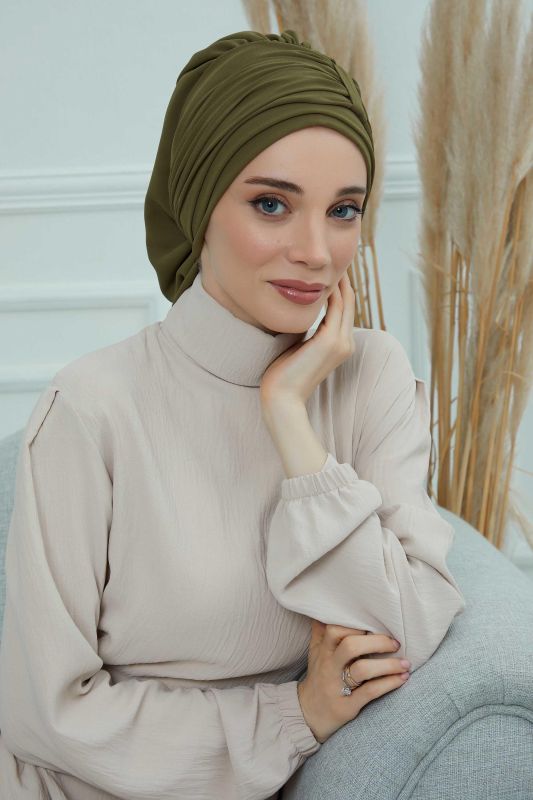 Pileli Tasarım Şifon Hazır Türban,HT-107,HT-107 Haki Yeşili - 5