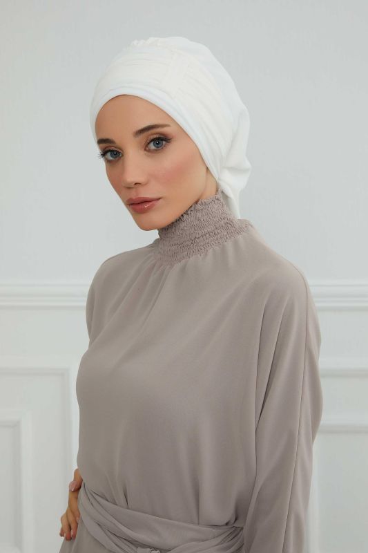 Pileli Tasarım Şifon Hazır Türban,HT-107,HT-107 Kırık Beyaz - 1