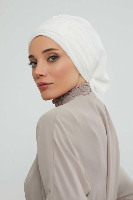 Pileli Tasarım Şifon Hazır Türban,HT-107,HT-107 Kırık Beyaz - 2