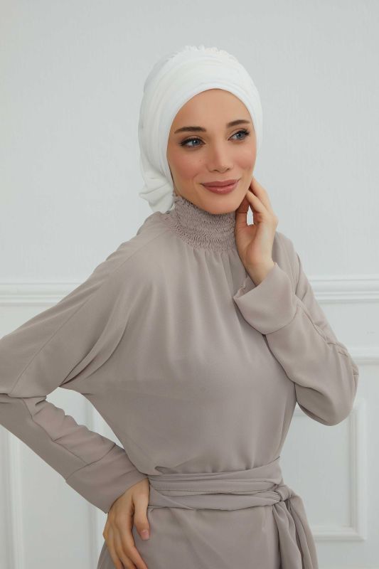 Pileli Tasarım Şifon Hazır Türban,HT-107,HT-107 Kırık Beyaz - 5