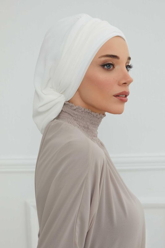 Pileli Tasarım Şifon Hazır Türban,HT-107,HT-107 Kırık Beyaz - 6