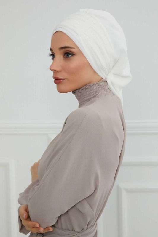 Pileli Tasarım Şifon Hazır Türban,HT-107,HT-107 Kırık Beyaz - 8