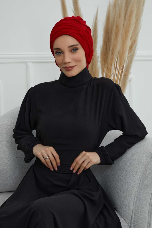 Pileli Tasarım Şifon Hazır Türban,HT-107,HT-107 Kırmızı - 1