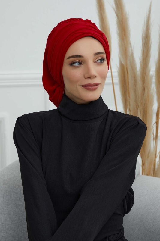 Pileli Tasarım Şifon Hazır Türban,HT-107,HT-107 Kırmızı - 2