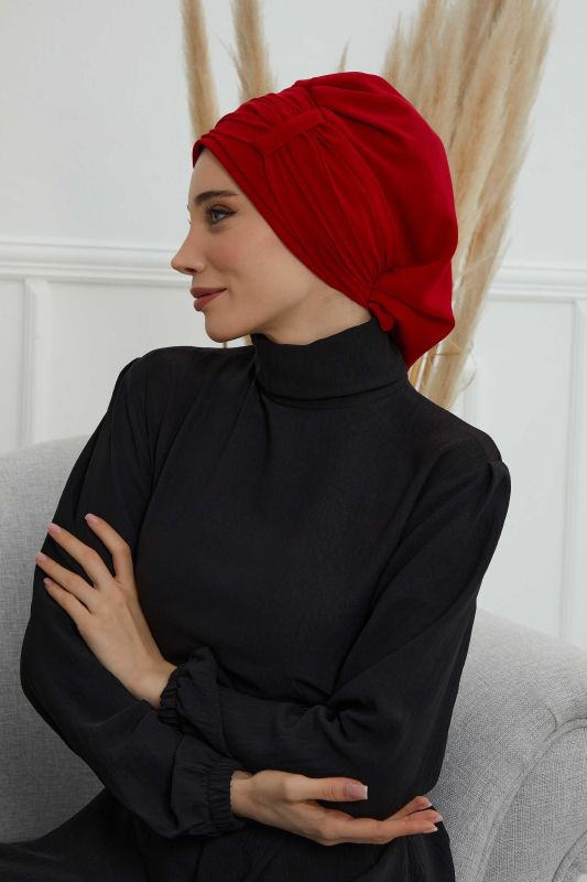 Pileli Tasarım Şifon Hazır Türban,HT-107,HT-107 Kırmızı - 3