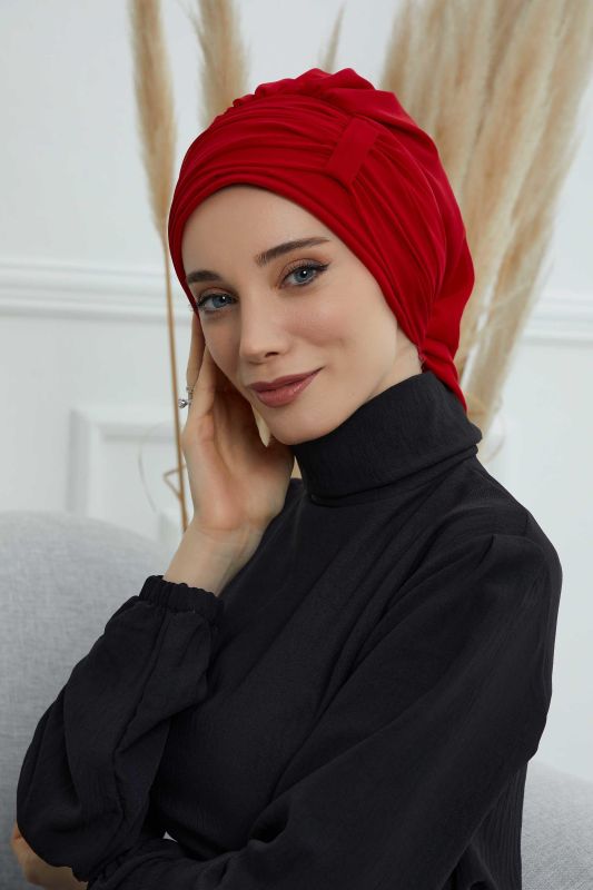 Pileli Tasarım Şifon Hazır Türban,HT-107,HT-107 Kırmızı - 4