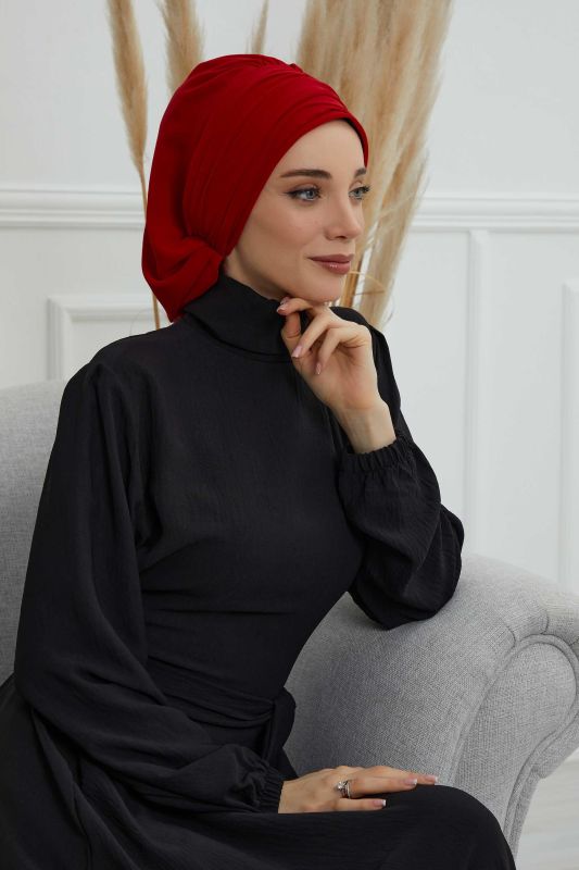 Pileli Tasarım Şifon Hazır Türban,HT-107,HT-107 Kırmızı - 5