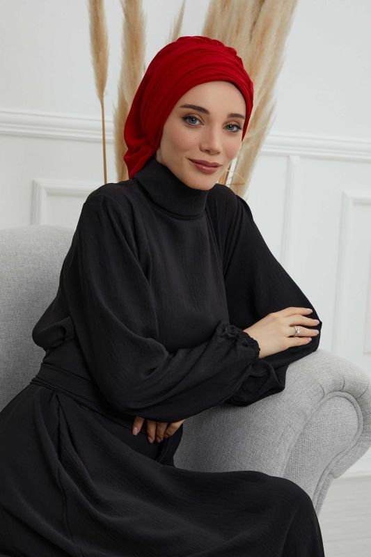 Pileli Tasarım Şifon Hazır Türban,HT-107,HT-107 Kırmızı - 6