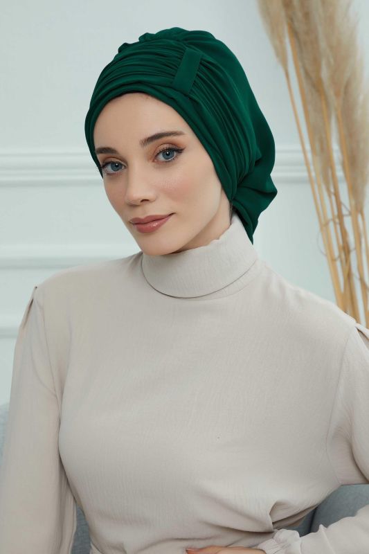 Pileli Tasarım Şifon Hazır Türban,HT-107,HT-107 Koyu Yeşil - 6