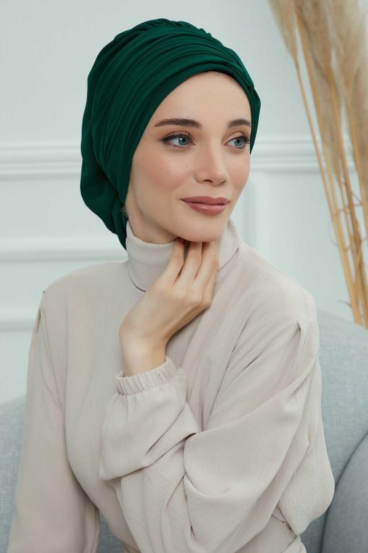 Pileli Tasarım Şifon Hazır Türban,HT-107,HT-107 Koyu Yeşil - 7