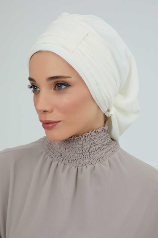 Pileli Tasarım Şifon Hazır Türban,HT-107,HT-107 Krem - 2
