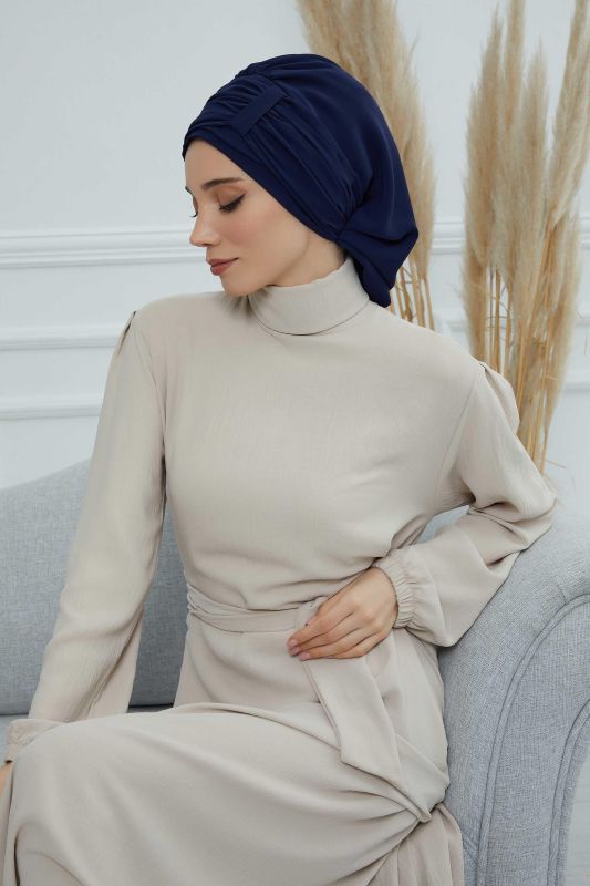Pileli Tasarım Şifon Hazır Türban,HT-107,HT-107 Lacivert - 2