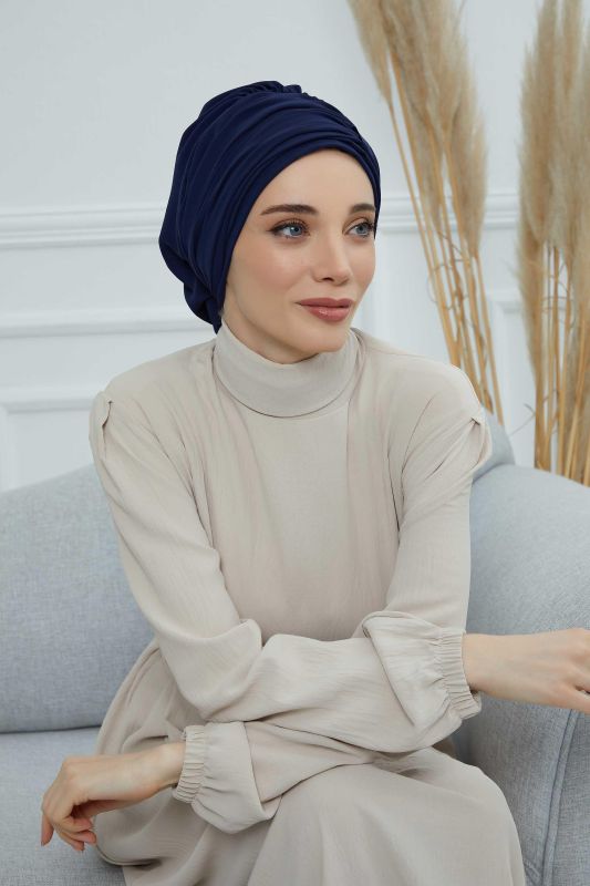 Pileli Tasarım Şifon Hazır Türban,HT-107,HT-107 Lacivert - 4