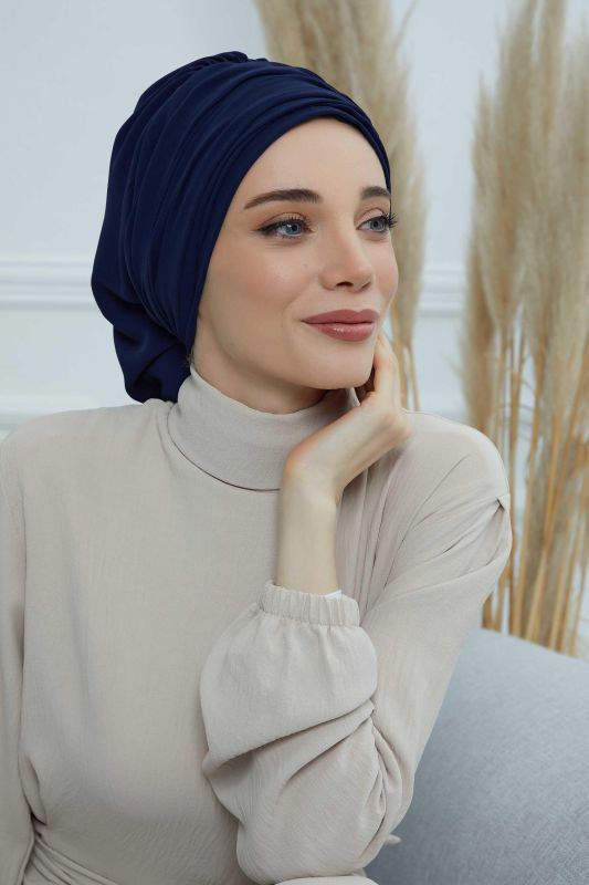 Pileli Tasarım Şifon Hazır Türban,HT-107,HT-107 Lacivert - 5