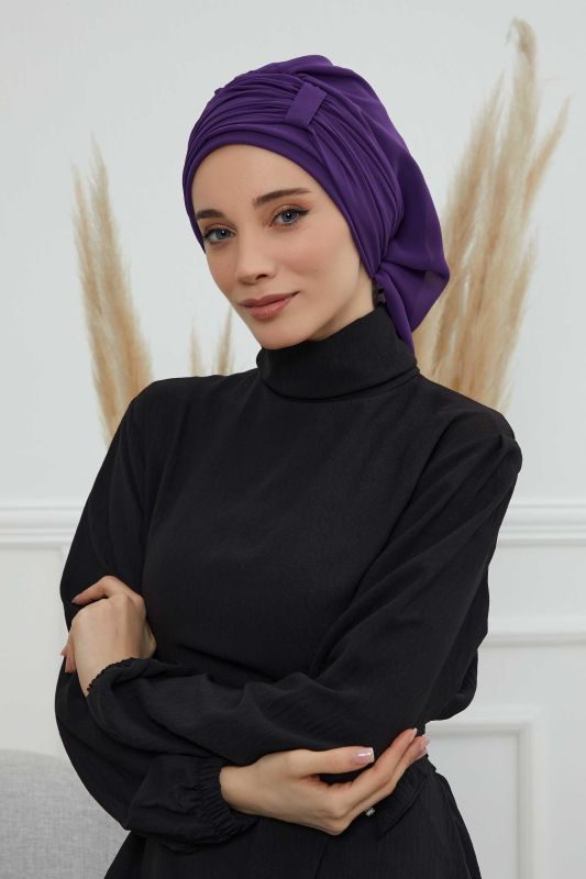 Pileli Tasarım Şifon Hazır Türban,HT-107,HT-107 Mor - 1