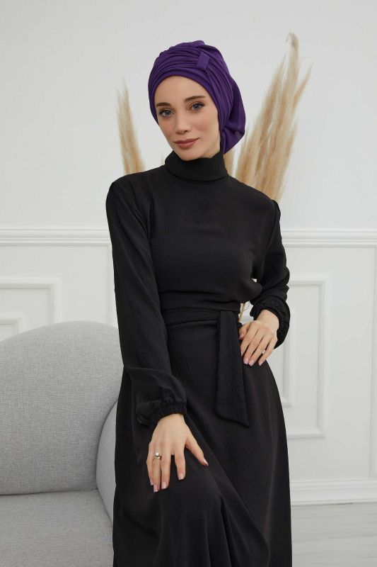 Pileli Tasarım Şifon Hazır Türban,HT-107,HT-107 Mor - 2