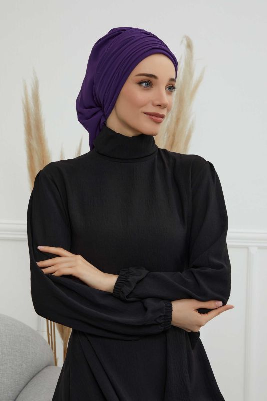 Pileli Tasarım Şifon Hazır Türban,HT-107,HT-107 Mor - 3