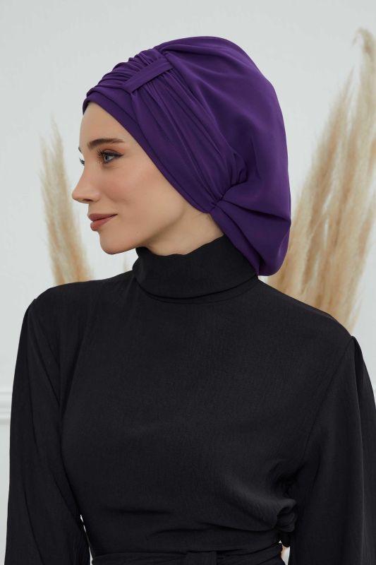 Pileli Tasarım Şifon Hazır Türban,HT-107,HT-107 Mor - 4