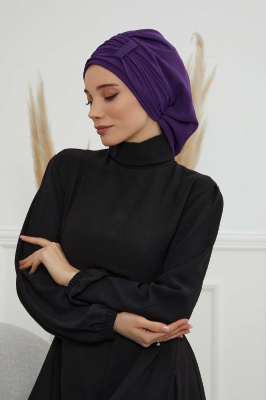 Pileli Tasarım Şifon Hazır Türban,HT-107,HT-107 Mor - 5