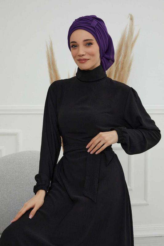 Pileli Tasarım Şifon Hazır Türban,HT-107,HT-107 Mor - 6