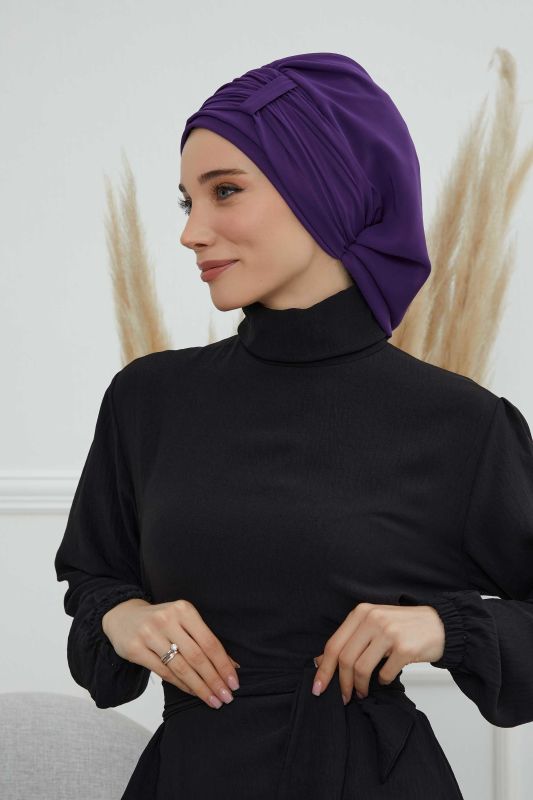 Pileli Tasarım Şifon Hazır Türban,HT-107,HT-107 Mor - 7