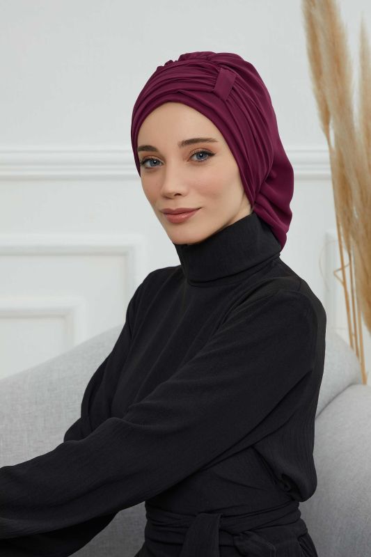 Pileli Tasarım Şifon Hazır Türban,HT-107,HT-107 Mürdüm - 1