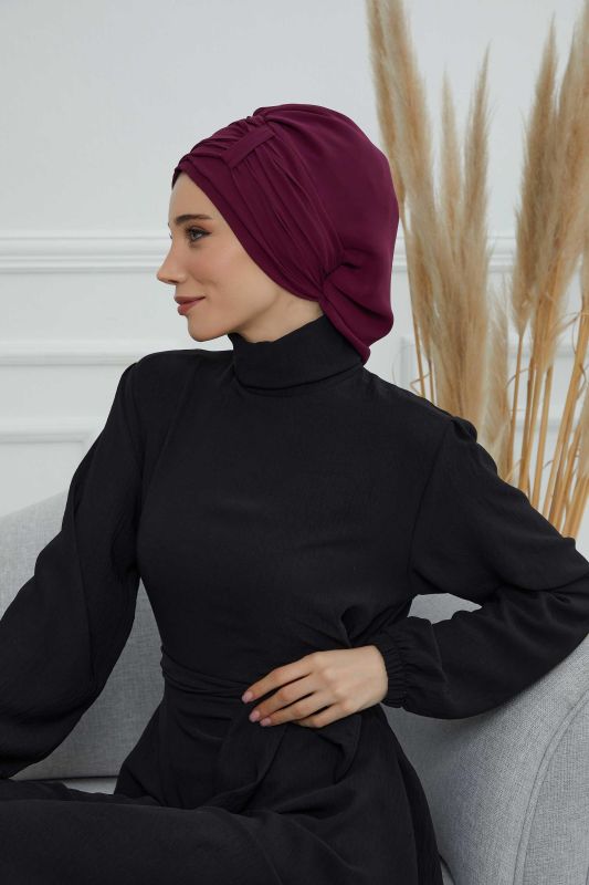 Pileli Tasarım Şifon Hazır Türban,HT-107,HT-107 Mürdüm - 2