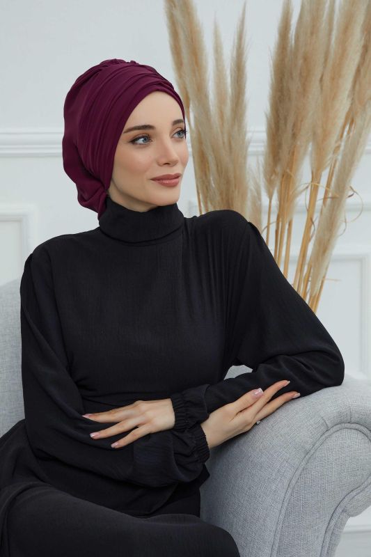Pileli Tasarım Şifon Hazır Türban,HT-107,HT-107 Mürdüm - 3