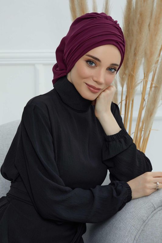 Pileli Tasarım Şifon Hazır Türban,HT-107,HT-107 Mürdüm - 4