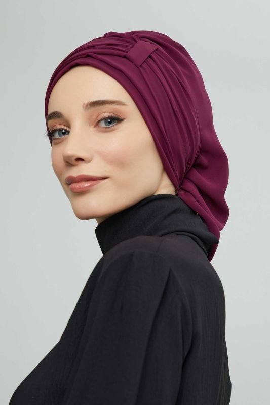 Pileli Tasarım Şifon Hazır Türban,HT-107,HT-107 Mürdüm - 5