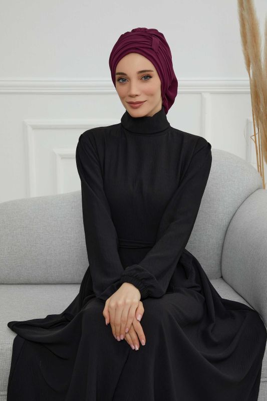 Pileli Tasarım Şifon Hazır Türban,HT-107,HT-107 Mürdüm - 6