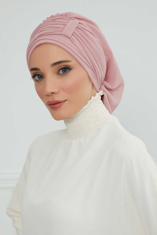 Pileli Tasarım Şifon Hazır Türban,HT-107,HT-107 Pudra - 1