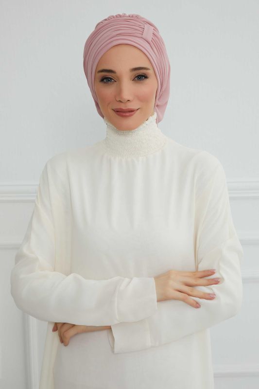 Pileli Tasarım Şifon Hazır Türban,HT-107,HT-107 Pudra - 2