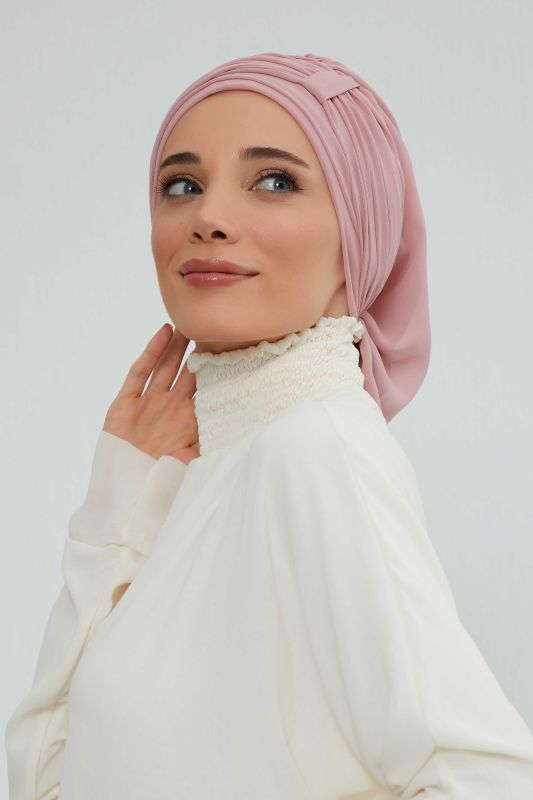 Pileli Tasarım Şifon Hazır Türban,HT-107,HT-107 Pudra - 6