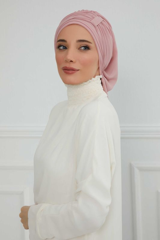 Pileli Tasarım Şifon Hazır Türban,HT-107,HT-107 Pudra - 8