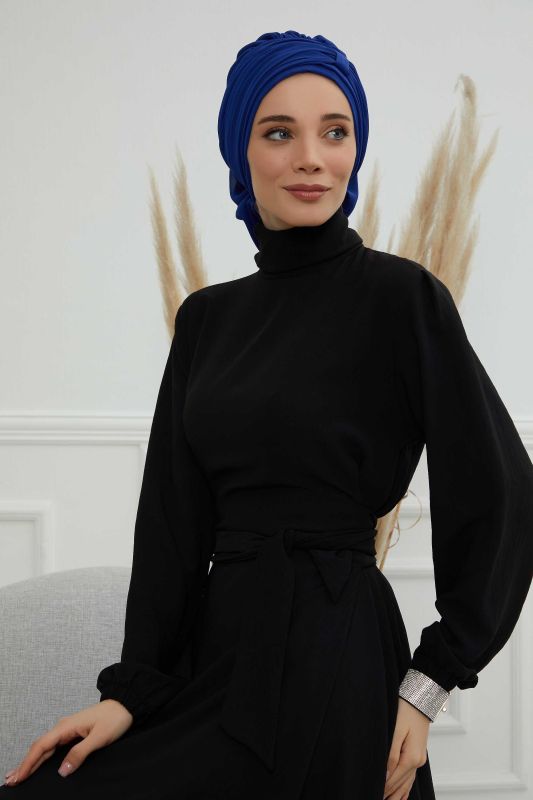 Pileli Tasarım Şifon Hazır Türban,HT-107,HT-107 Saks Mavisi - 4