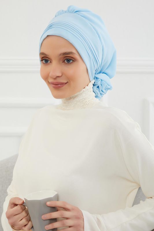 Pileli Tasarım Şifon Hazır Türban,HT-31,HT-31 Bebe Mavisi - 3