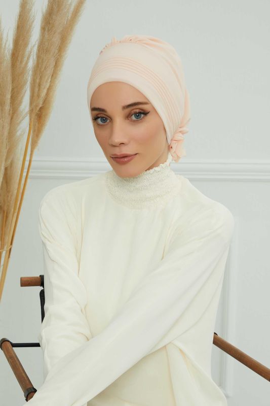 Pileli Tasarım Şifon Hazır Türban,HT-31,HT-31 Bej - 3