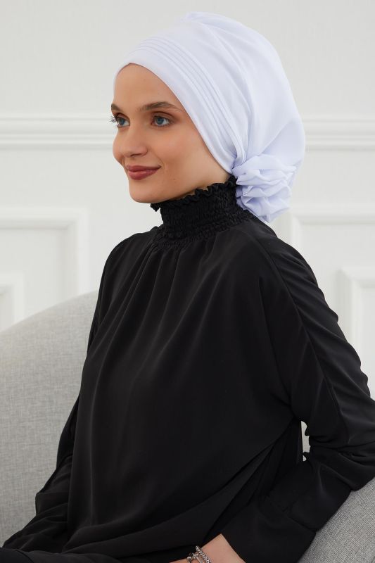 Pileli Tasarım Şifon Hazır Türban,HT-31,HT-31 Beyaz - 6