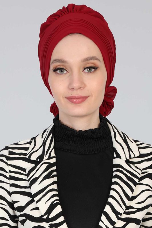 Pileli Tasarım Şifon Hazır Türban,HT-31,HT-31 Bordo - 2