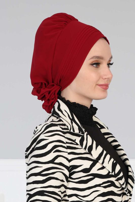 Pileli Tasarım Şifon Hazır Türban,HT-31,HT-31 Bordo - 3