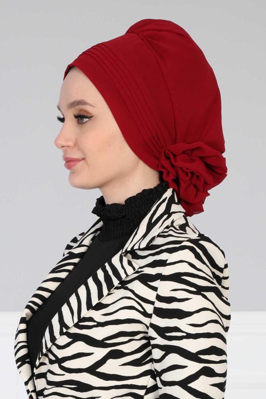 Pileli Tasarım Şifon Hazır Türban,HT-31,HT-31 Bordo - 4